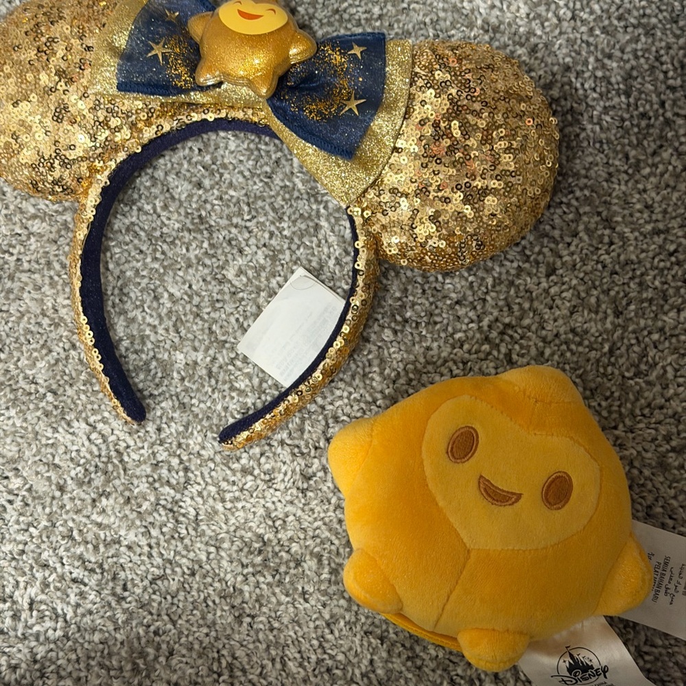 Disney Gold Sequin STAR Minnie Ears Headband with Star magnet buddy Plush